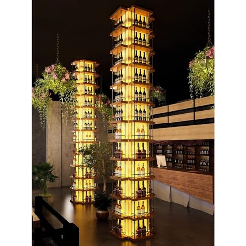 Industrielles freistehendes Weinregal mit LED-Lichtern, stapelbarer modularer Weinhalter, großer Bodenständer für Weinflaschen, Metall- und Holzdesign (60 x 15 x 351 cm) von Generisch