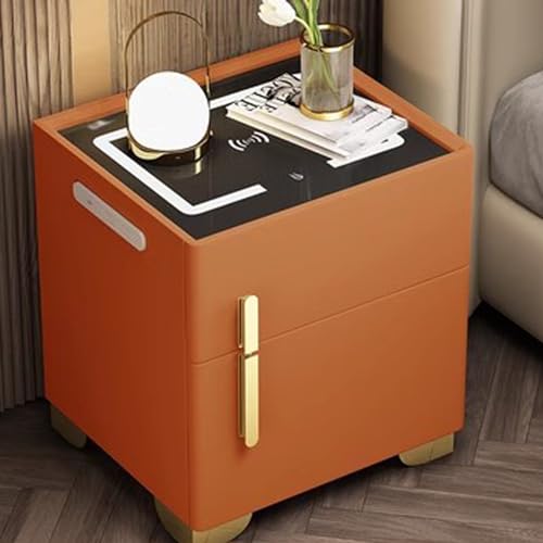 Intelligenter Nachttisch mit versteckter, sicherer USB-C-Ladestation und verstellbarer LED-Helligkeit, Tischplatte aus gehärtetem Glas, moderner Schlafzimmer-Beistelltisch mit Stauraum (Farbe: O) von Generisch