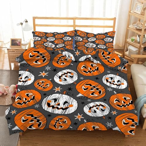 Jack-O'-Lantern Bettwäsche-Set für Doppelbett, Geister-Bettbezüge für Erwachsene, weiche, flauschige Mikrofaser, Bettwäsche-Set für Doppelbett mit Reißverschluss + 2 Kissenbezügen, 50 x 75 cm, Ai586 von Generisch