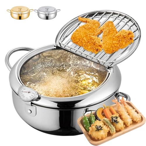 Japanese Deep Fryer Pot, 2.2/3.2/4.2 L Stainless Steel Frying Pot with Thermometer and Oil Drip Drainer Rack, 304 Pot for Home Kitchen, Cooking French Fries Chicken Shrimp Tempura (Silver,28cm/4.2L) von Generisch