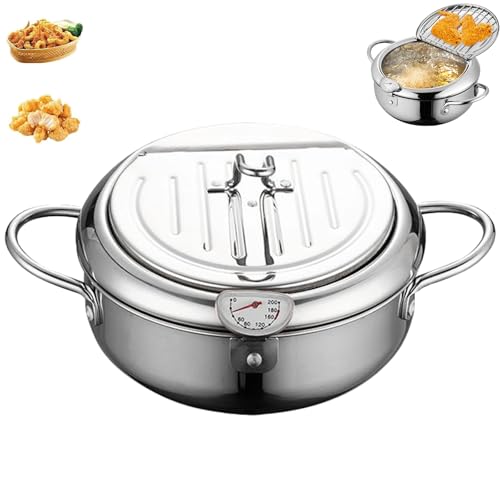 Japanese Deep Fryer Pot, Japanese Style Tempura Frying Pot with Lid, Stainless Steel Frying Pots with Thermometer and Oil Drip Drainer Rack for French Fries, Shrimp, Chicken (Silver,24cm/9.44) von Generisch