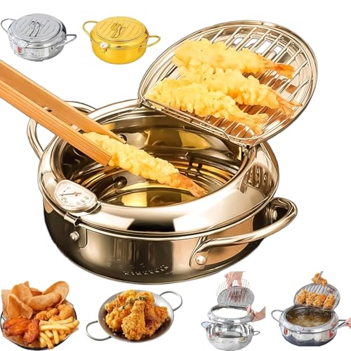 Japanese Deep Fryer Pot, Stainless Steel Frying Pot with Thermometer and Oil Drip Drainer Rack, 304 Tempuras Deep Fryer Pots for Kitchen Cooking with Lid Shrimp, Chicken (Gold,20cm/7.87In) von Generisch
