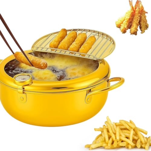 Japanese Deep Fryer Pot, Stainless Steel Frying Pot with Thermometer and Oil Drip Drainer Rack, Japanese Fryer with Lid, for French Fries, Chicken & Shrimp (Yellow,11.02In) von Generisch