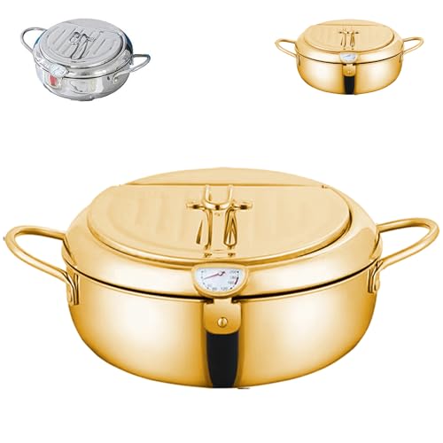Japanese Deep Fryer Pot,Japanese Style Tempura Frying Pot,Japanes Deep Fryer Pots for Kitchen, Stainless Steel Frying Pots with Thermometer and Oil Drip Drainer Rack (Gold,M) von Generisch