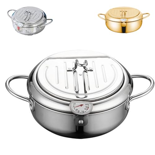 Japanese Deep Fryer Pot,Japanese Style Tempura Frying Pot,Japanes Deep Fryer Pots for Kitchen, Stainless Steel Frying Pots with Thermometer and Oil Drip Drainer Rack (Sliver,S) von Generisch