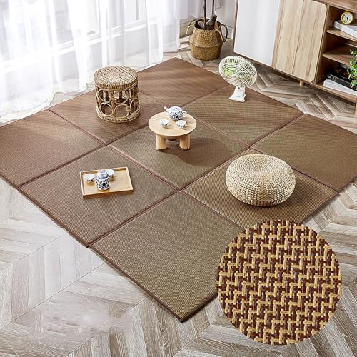 Japanische Bodenmatte, Sommer, rutschfest, faltbar, Futon-Matratze, Rattan-Teppich mit Aufbewahrungstasche für Wohnzimmer, Schlafzimmer, Krabbelspielmatte (Muster C, 65 cm x 65 cm, 12 Stück) von Generisch