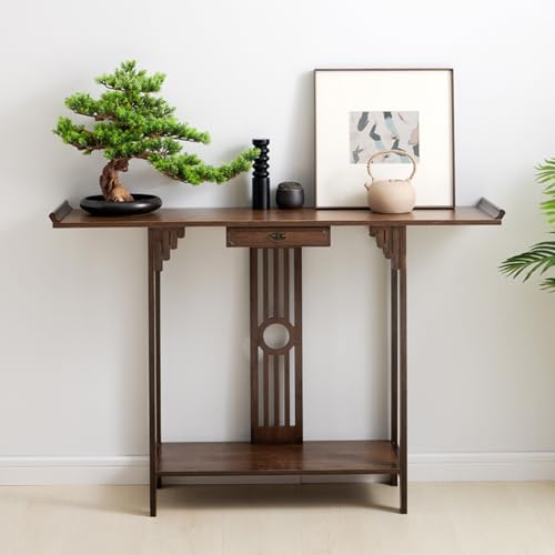Japanischer Konsolentisch mit Stauraum, Bambus-Eingangstisch mit Schublade, schmaler Vintage-Sofatisch für Flur, Foyer von Generisch