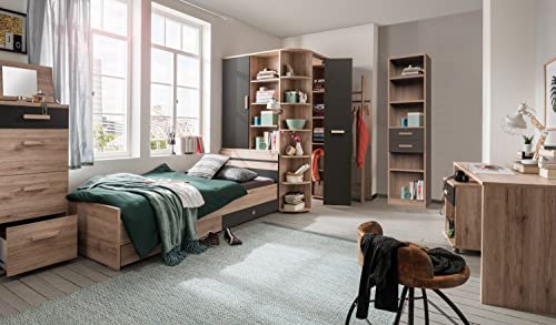 Jugendzimmer Cariba 10teilig in Eiche San Remo Graphit Komplett Set mit Eckschrank, Bett, Bettschubkästen, Schreibtisch, Rollcontainer, Kommode, Regal, Garberobe, Lattenrost, Weiß, 90 x 200 cm, 356 von Generisch