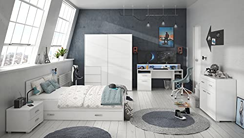 Jugendzimmer Gaming Zimmer Tezaur Snow von Forte 8 teilig mit großem Gaming- Schreibtisch, 140er Bett mit Bettschubkasten, LATTENROST und Deluxe MATRATZE, Schwebetürenschrank, Kommode und Nachttisch … von Generisch