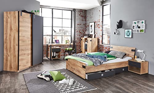 Jugendzimmer Liverpool 9 teilig in Plankeneiche und Graphit mit Schwebetürenschrank, 140er Bett mit Schubkästen, Deluxe Gelschaummatratze, Rollrost, Nachttisch, Schreibtisch mit Rollcontainer, Kommode von Generisch