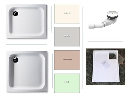 KOMPLETT-PAKET: Duschwanne flach 6,5cm + Styroporträger/Wannenträger + Ablaufgarnitur DN 90 (Dusche: Pergamon, Manhattan, Bahamabeige/Beige, Ägäis) (Bahamabeige, 100 x 100cm) von Generisch