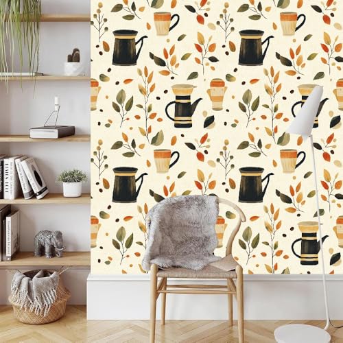 Kaffee Teekanne Klebefolie Möbel 0.45x10 M Vintage Blätter Selbstklebende Tapete Abziehen Aufkleben Wallpaper Entfernbare Wandverkleidung Dekoratives für Küche Arbeitsplatte Schränke Tische Wand von Generisch