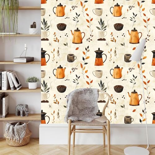 Kaffee Teekanne Klebefolie Möbel 0.4x5 M Vintage Blätter Selbstklebende Tapete Abziehen Aufkleben Wallpaper Entfernbare Wandverkleidung Dekoratives für Küche Arbeitsplatte Schränke Tische Wand von Generisch