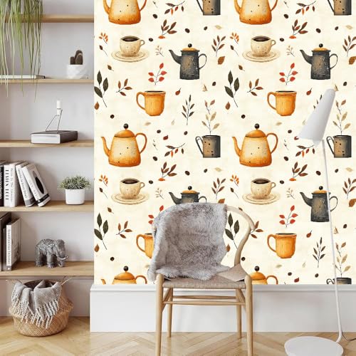 Kaffee Teekanne Klebefolie Möbel 0.52x10 M Vintage Blätter Selbstklebende Tapete Abziehen Aufkleben Wallpaper Entfernbare Wandverkleidung Dekoratives für Küche Arbeitsplatte Schränke Tische Wand von Generisch