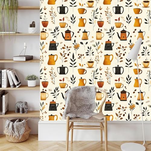 Kaffee Teekanne Klebefolien Abziehen Aufkleben Tapete Matt Verdicken Wasserdicht Vintage Blätter Selbstklebende Wandaufkleber Möbelaufkleber für Schlafzimmer Küchen Wohnzimmer Wohndeko 0.45x3 M von Generisch