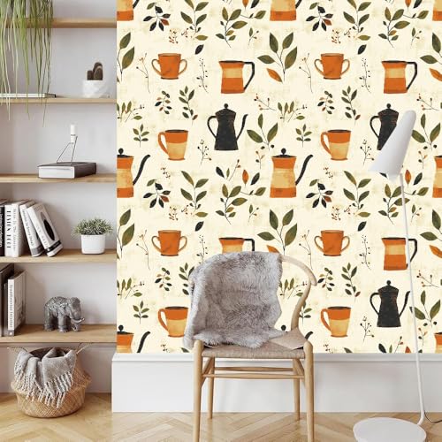 Kaffee Teekanne Klebefolien Abziehen Aufkleben Tapete Matt Verdicken Wasserdicht Vintage Blätter Selbstklebende Wandaufkleber Möbelaufkleber für Schlafzimmer Küchen Wohnzimmer Wohndeko 0.52x5 M von Generisch