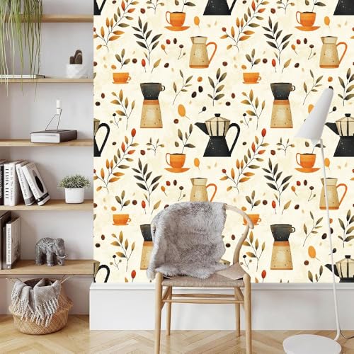 Kaffee Teekanne Tapete Selbstklebende Vintage Blätter Möbelfolie Verdicken Wasserdicht Matt Kontaktpapier mit Kleberückseite Wallpaper Rollen für Wand Tabellen Schränke Türen Dekorativ 0.3x5 M von Generisch