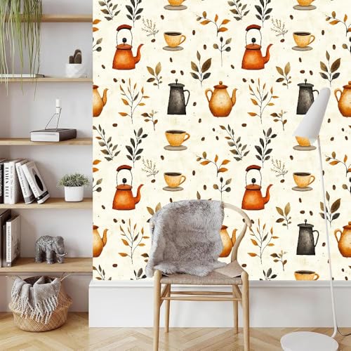 Kaffee Teekanne Tapete Selbstklebende Vintage Blätter Möbelfolie Verdicken Wasserdicht Matt Kontaktpapier mit Kleberückseite Wallpaper Rollen für Wand Tabellen Schränke Türen Dekorativ 0.4x20 M von Generisch