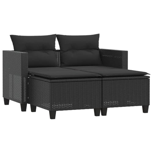 Kangqiling 365791 Gartensofa 2-Sitzer mit Hockern, schwarz, aus Polyrattan, schwarz von Generisch