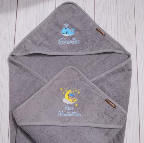 ★ Personalisiertes Kapuzenhandtuch Baby mit Name – 100% Baumwolle, extra groß 75x75 cm, Bestickt & Geschenkverpackt – Handtuch zur Geburt, Taufe, Babyparty ★ (Grau) von Generisch