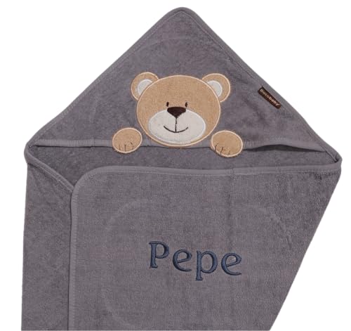 ★ Kapuzentuch mit Namen Bestickt ★ Handtuch MIT Kapuze ★76x76 cm ★ 100% Baumwolle ★ Geschenk ★ ★ (Grau - Teddybär) von Generisch