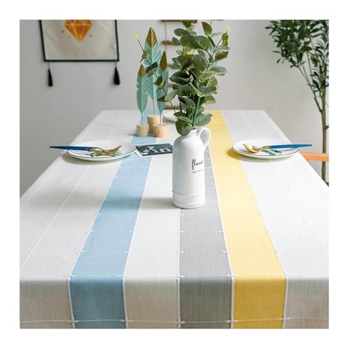 Karierte rechteckige Tischdecke, 140 x 220 cm, Spitzenbesatz, Polyester-Tischdecke für Küche und Esszimmer, stilvoll, Grau, Gelb und Blau von Generisch