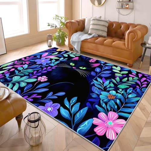 Katzen Dekoration Zimmer - Teppich Wohnzimmer Schlafzimmer Katzenmotiv Kinder, Großer Teppich Blumen Und Katzen, Weich Kurzflor & Waschbar & rutschfest Wohnzimmerteppich, Kinderteppich, 120x170 cm Katzen Dekoration Zimmer - Teppich Wohnzimmer Schlafzimmer Katzenmotiv Kinder, Großer Teppich Blumen Und Katzen, Weich Kurzflor & Waschbar & rutschfest Wohnzimmerteppich, Kinderteppich, 120x170 cm von Generisch