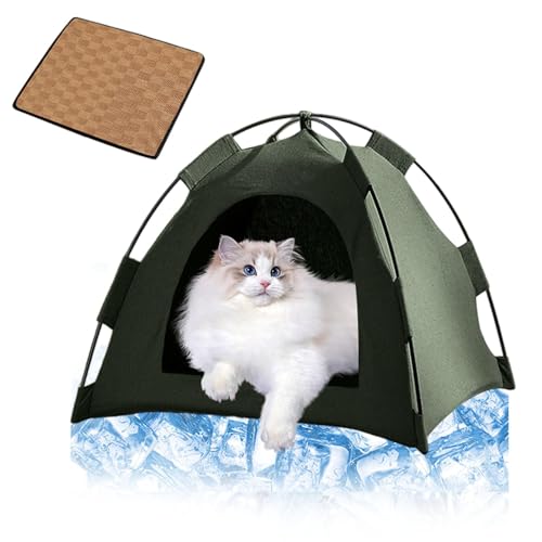 Katzen Kühlzelt, Premium Tragbares Zelt für Katzen aus Atmungsaktivem Material, Waschbar & Leicht, Ideal für Sommerhitze, Einfach Aufzustellen – Perfect für Innen, Balkon, Garten (Dunkelgrün, L) von Generisch