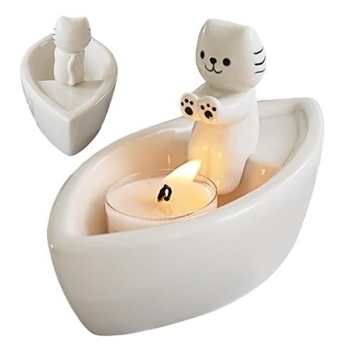 Katzen-Teelichthalter-Ornamente, Katzen-Keramik-Kerzenhalter - Keramik-Kätzchen-Dekorationsständer | Kreativer Boot-Kerzenständer als Ornament für Schlafzimmer, Wohnzimmer von Generisch