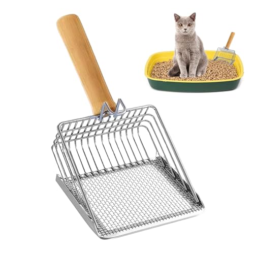 Katzenstreuschaufel - Tiefe Katzentoilette Schaufel Mit Holzgriff | Edelstahl Antihaft Schaufel Robustes Sieb Für Kätzchen Und Kleine Haustiere von Generisch