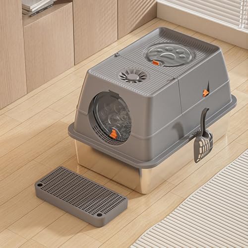 Katzentoilette aus Metall mit abnehmbarem Deckel, Edelstahl-Flip-Top-Design, geschlossene hochseitige Toilette mit Schaufel und Pedal für einfache Reinigung von Generisch