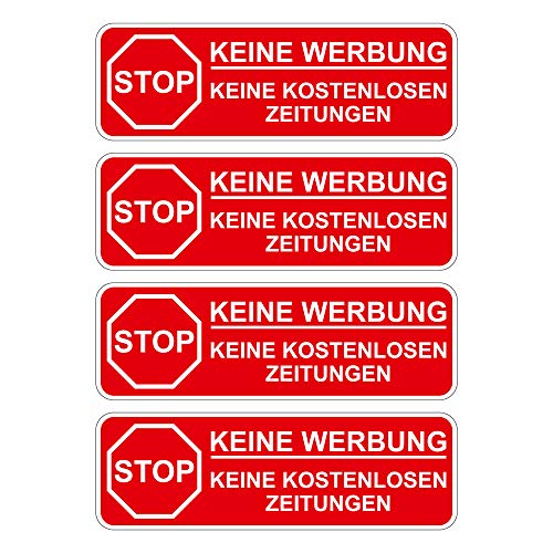 Keine Werbung! 4x rote Briefkastenaufkleber 80x26 mm Aufkleber STOP Bitte keine Werbung und kostenlose Zeitungen einwerfen - Aufkleber für den Briefkasten von Generisch