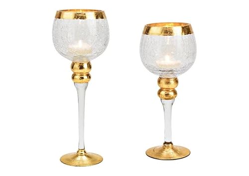 Kelch 2er Set aus Glas crackeliert mit goldfarbenen Rand - Windlicht Kerzenhalter Teelichtglas in 30 und 35 hoch, Glaskelch modern von Generisch