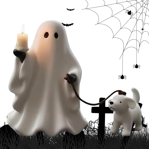 Kerzenhalter mit Geist und Hund Geister-Statue mit wandelndem Hund süßer Geister-Kerzenhalter Harz Halloween-Figur für Zuhause Schlafzimmer Regal Tischdekoration von Generisch