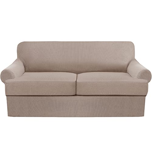 Khaki T Kissen Sofabezug Set - 3-teiliges Stretch-Schonbezug mit 2 elastischen T-Kissen-Sitzbezügen - Möbelschutz für 2-Sitzer-Sofas Khaki T Kissen Sofabezug Set - 3-teiliges Stretch-Schonbezug mit 2 elastischen T-Kissen-Sitzbezügen - Möbelschutz für 2-Sitzer-Sofas von Generisch