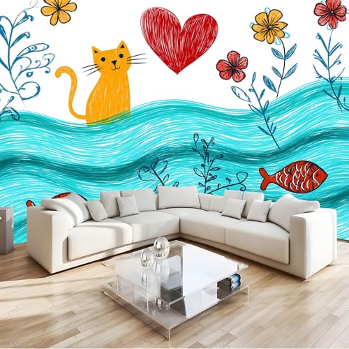 Kind Vlies Fototapete 300 x 210 cm – Cartoons Fische Tiere Katzen Wellen Blumen – Umweltfreundlich Wandtapete Wanddeko fürs Kinderzimmer Wohnzimmer Schlafzimmer – Schalldämmend & Abwaschbar von Generisch