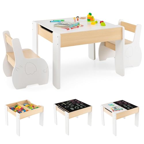 Kindersitzgruppe mit 2 Stühlen, 3 teilige Kindertisch aus Holz mit wendbarer & abnembarer Tischplatte, Kinder Maltisch mit Stauraum, Kindermöbel Sitzgruppe für Kinder ab 3 Jahren (Weiß) von Generisch