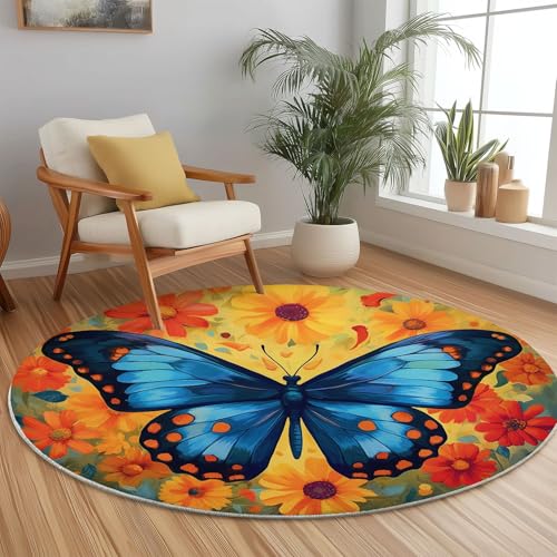 Kinderzimmer Gelb Runder Teppich, Cartoon Schmetterling Blume Muster Waschbare rutschfest Teppiche, Weicher Kurzer Teppich für Wohnzimmer Schlafzimmer Esszimmer Fußmatten, 150 x 150 cm von Generisch