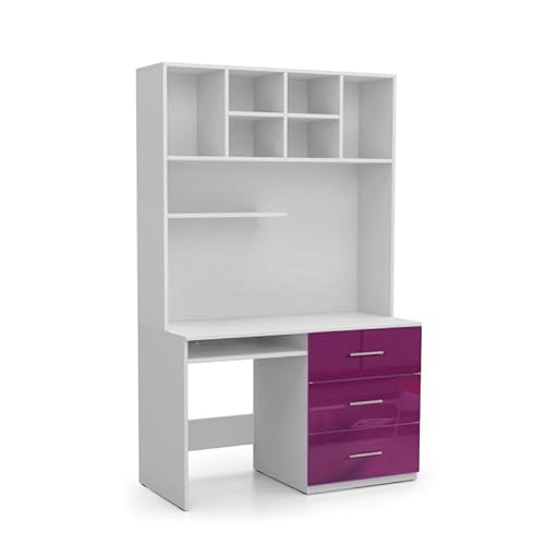 Kinderzimmer Schreibtisch mit Regal TOMI 3 Schreibtisch, Schubladen und Schränken (Weiss/VIOLETT) von Generisch