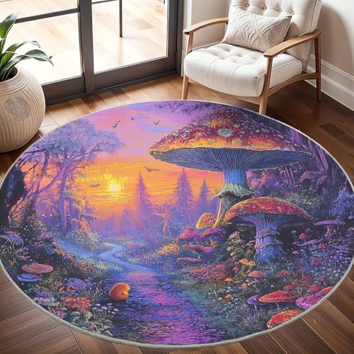 Kinderzimmer Teppich Rund 200 cm, Modern Flauschig Kurzflor Psychedelischer Pilzwald Waschbar Runder Teppich, Bunt Rutschfester Teppiche für Wohnzimmer Schlafzimmer Dekoration Kinderzimmer Teppich Rund 200 cm, Modern Flauschig Kurzflor Psychedelischer Pilzwald Waschbar Runder Teppich, Bunt Rutschfester Teppiche für Wohnzimmer Schlafzimmer Dekoration von Generisch