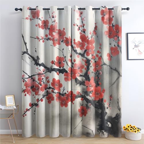 Kirschblüte Vorhänge Japanische Blumen Asiatische Verdunklungsvorhänge, Vorhang Blickdicht Gardinen mit Ösen, Schlafzimmer Wohnzimmer Deko, Thermovorhang 2er Set H 160 X B 140 cm von Generisch