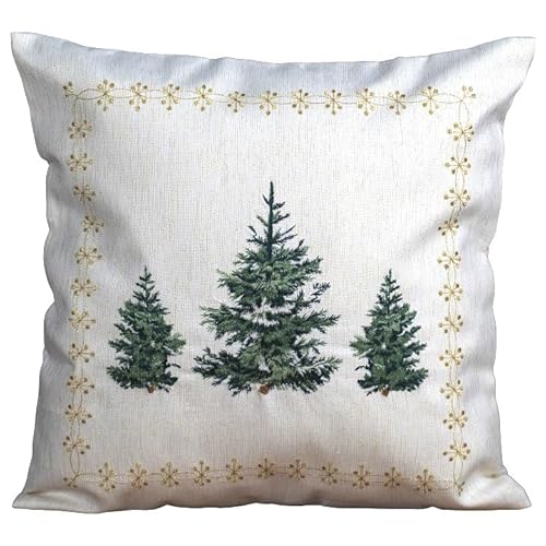 Kissenhülle Kissenbezug Dekokissen Winter Weihnachten 40 x 40 cm Ecru Bestickt mit grünen Tannenbäumen Goldlurex von Generisch