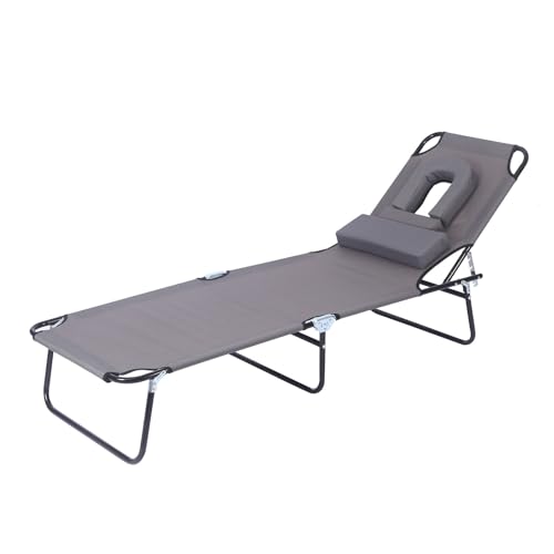 Klappbare Sonnenliege, verstellbare Rückenlehne in 4 Positionen, tragbarer Outdoor-Liegestuhl mit Kissen und Seitentasche, bequeme Sonnenliege für Garten, Terrasse, Pool oder Strand (grau) von Generisch