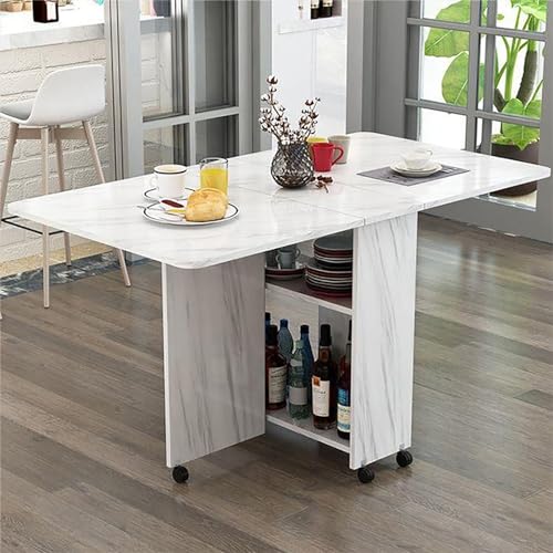 Klappbarer Esstisch mit 6 Rädern, ausziehbar, Tropfenblatt-Design, platzsparend, zusammenklappbarer Tisch mit offenen Ablagen, Tisch für Arbeit, Studium und Esszimmer von Generisch