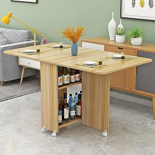 Klappbarer Esstisch mit Fallblatt & 6 Rädern, vielseitig ausziehbar, Büro- und Küchentisch, platzsparend, 2-lagiges Aufbewahrungsregal, zusammenklappbare Möbel für kleine Räume von Generisch