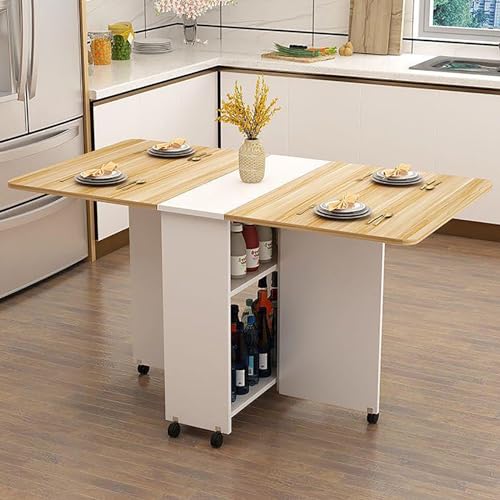 Klappbarer Esstisch mit Tropfenblatt-Design, ausziehbar und platzsparend, mit 6 Rollen und offenen Ablageflächen, ideal für Arbeit, Studium und Essen von Generisch