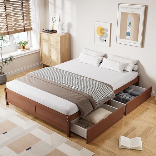 Klassisches Holz-Kinderbett mit 2 Schubladen & Rollen – Rotbraunes Flachbett (140x200cm) aus Kiefer & MDF, Stabile Lattenroste, Platzsparendes Design für Jugendliche und Erwachsene von Generisch