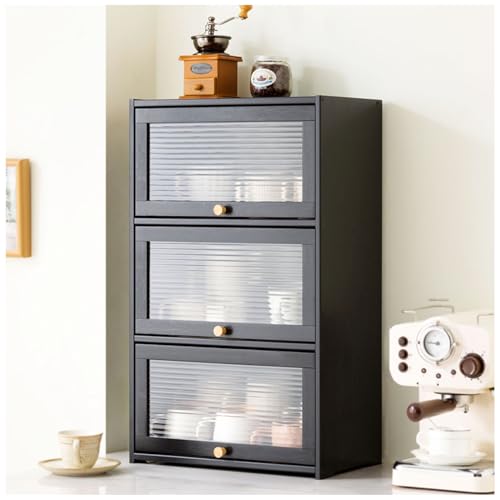 Kleine schwarze Bambus-Küchen-Speisekammer mit 3 Ebenen und Schiebetür – unabhängige Standeinheit für Gewürze, Teller und Schüsseln – kompakte Aufbewahrungslösung (42 x 70 cm) von Generisch
