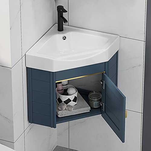Kleiner Eck-Badezimmerschrank und Waschbecken – Wandmontiertes Handwaschbecken mit Stauraum – Keramik-Waschwanne mit Heiß- und Kaltwasserhahn von Generisch