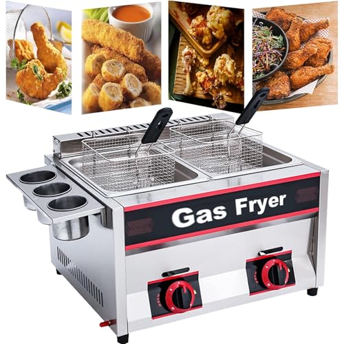 Kommerzielle Dual-Gas-Fritteuse, Edelstahl-Arbeitsplatte mit abnehmbaren Körben und einstellbarer Feuerkraft für einfache Reinigung in Restaurantküchen Kommerzielle Dual-Gas-Fritteuse, Edelstahl-Arbeitsplatte mit abnehmbaren Körben und einstellbarer Feuerkraft für einfache Reinigung in Restaurantküchen von Generisch